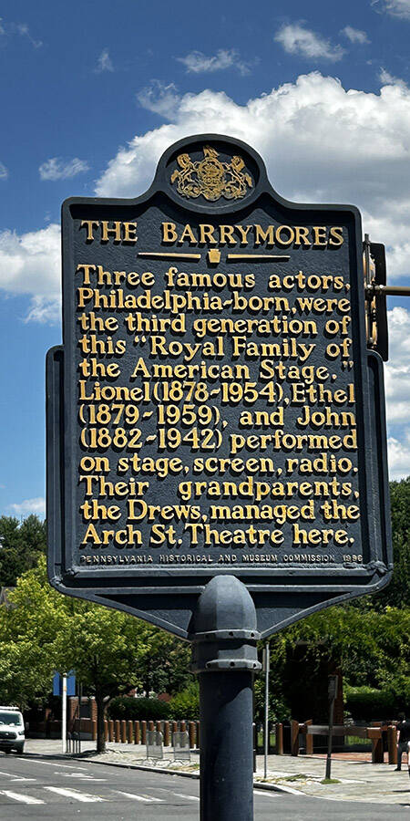 Pennsylvania Historical and Museum Commission sign about the Barrymore family of actors.