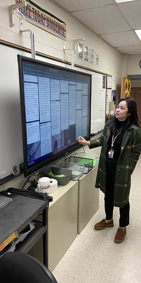Teacher standing in front of a screen.
